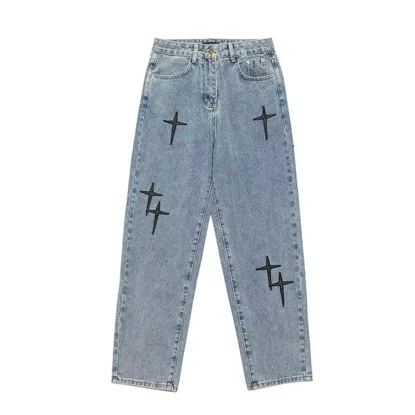 Washed Cross Design Baggy Jeans