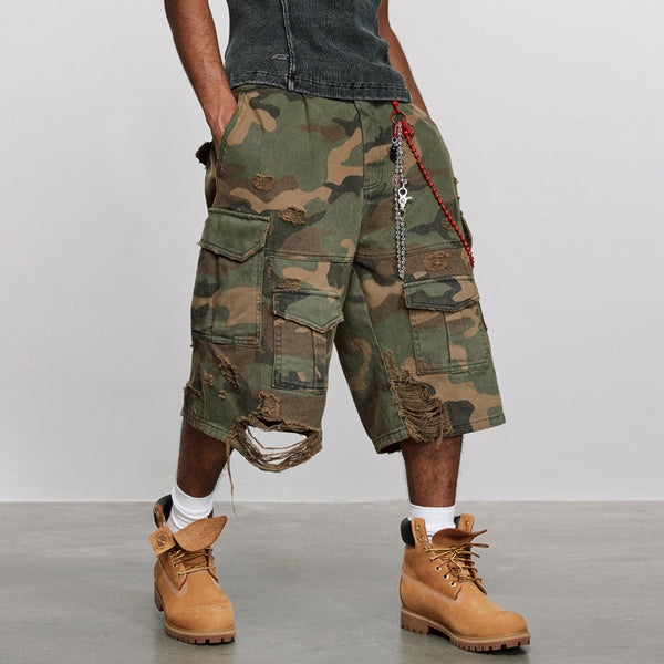 Distressed Cargo Baggy Camo Shorts