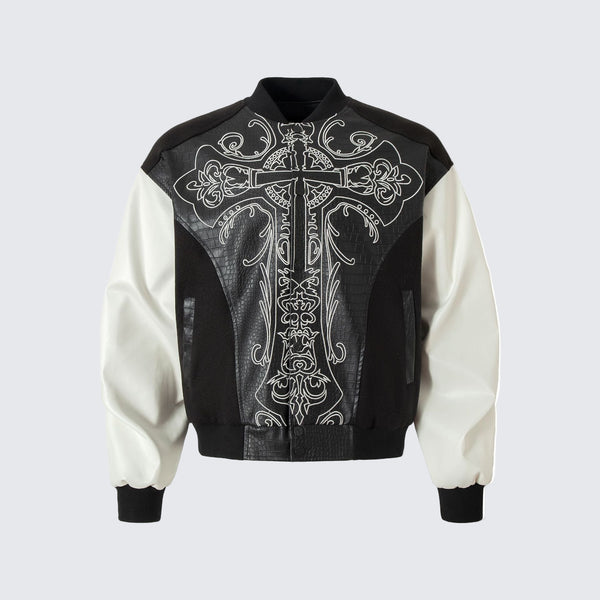 Cross Embroidery Leather Varsity Jacket