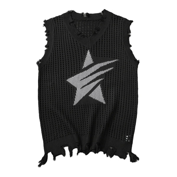 Solid Star Knitted Ripped Vest